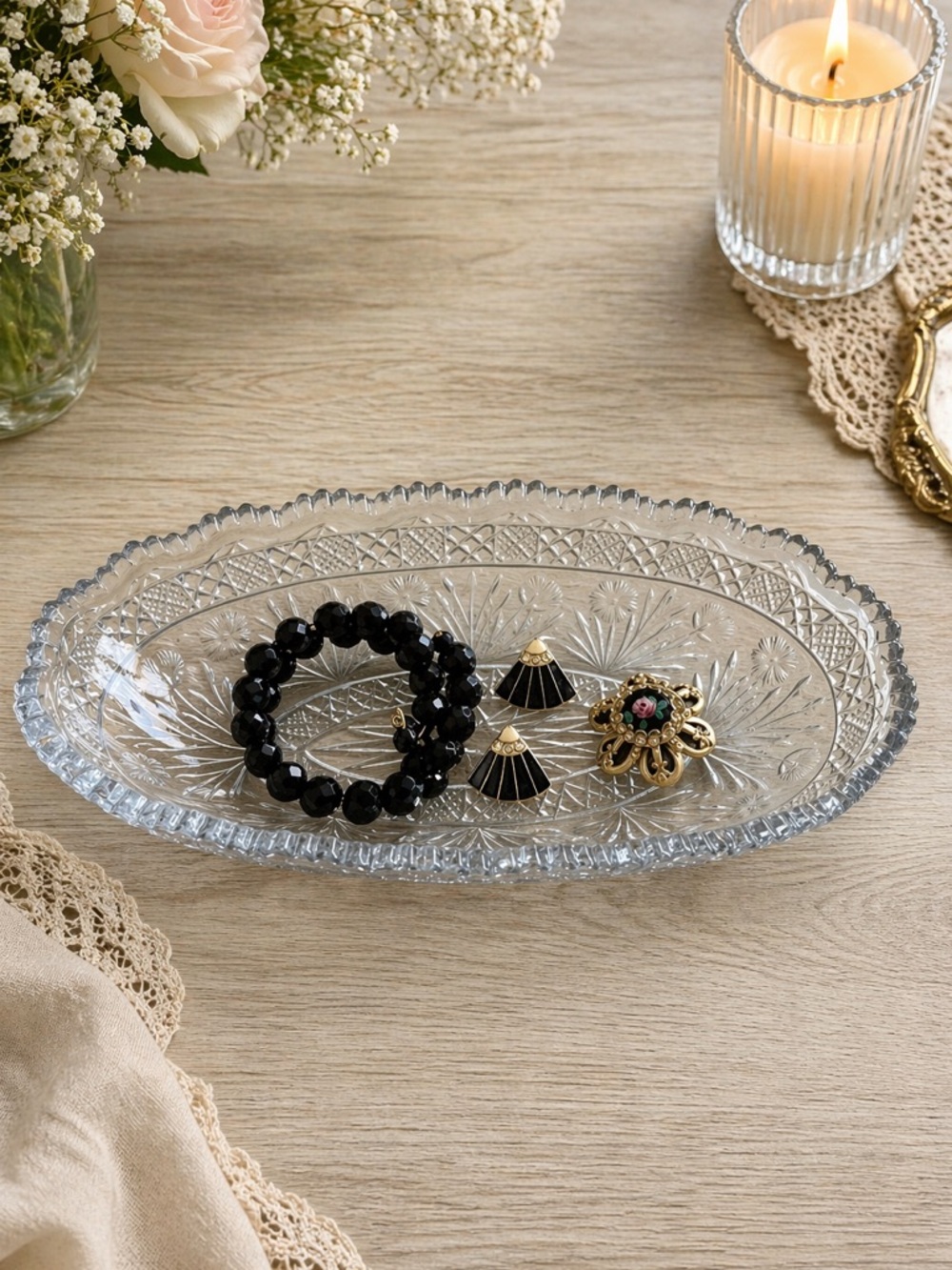 Vintage Cut Glass Tray Jewelry Display Home | Crystal Vanity Tray